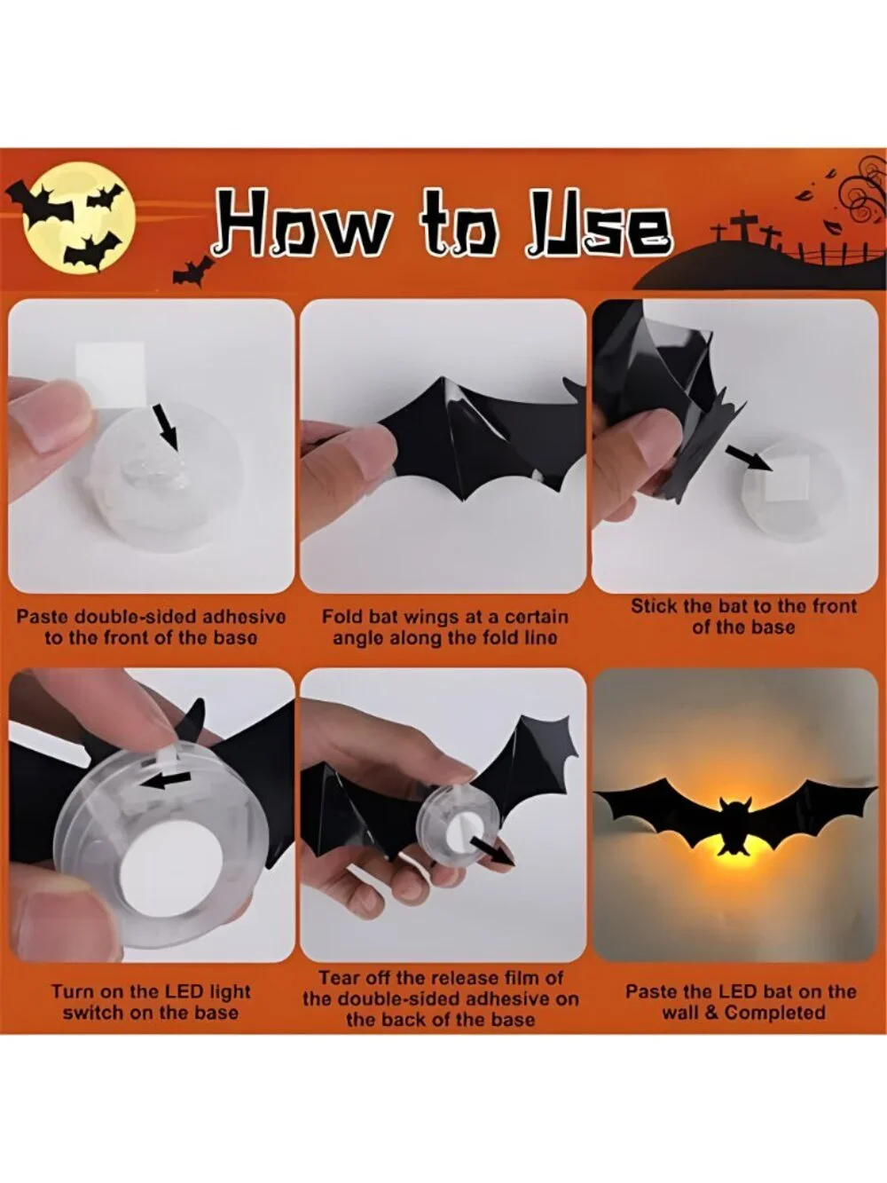36 Pack Light Up Bats Halloween Decorations, Orange